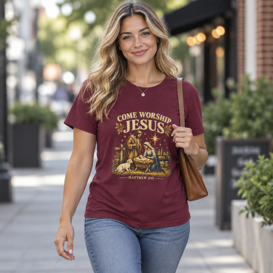 Come Worship Jesus Christian Nativity T-Shirt