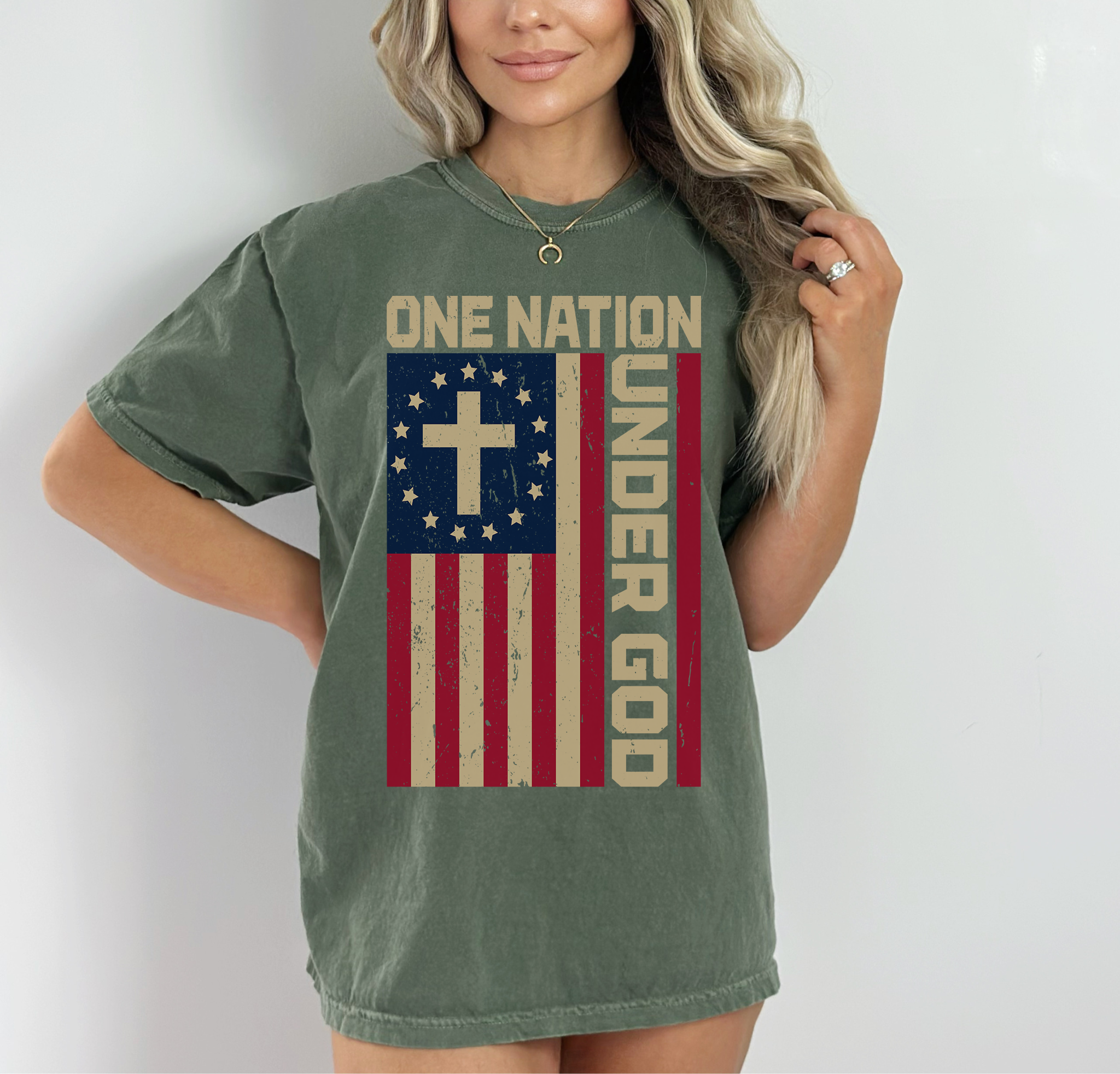 Faith-Inspired Garment-Dyed T-shirt, One Nation Under God Tee, Religious Apparel, Patriotic Shirt, Gift for Church Events - Saldersoncloutier