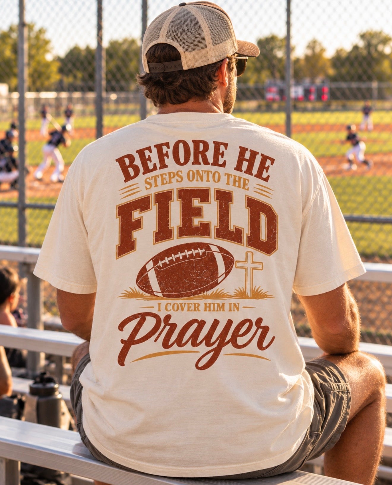 "Before He Steps Onto the Field I Cover Him in Prayer" Christian Football Mom Dad  Tee T-shirt - Saldersoncloutier