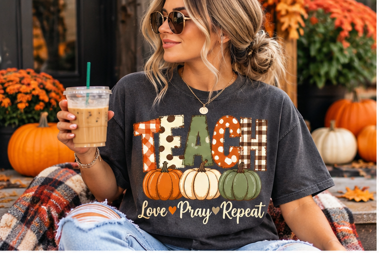 Teacher Fall Pumpkin T‑Shirt — "Teach, Love, Pray, Repeat" Autumn Tee - Saldersoncloutier