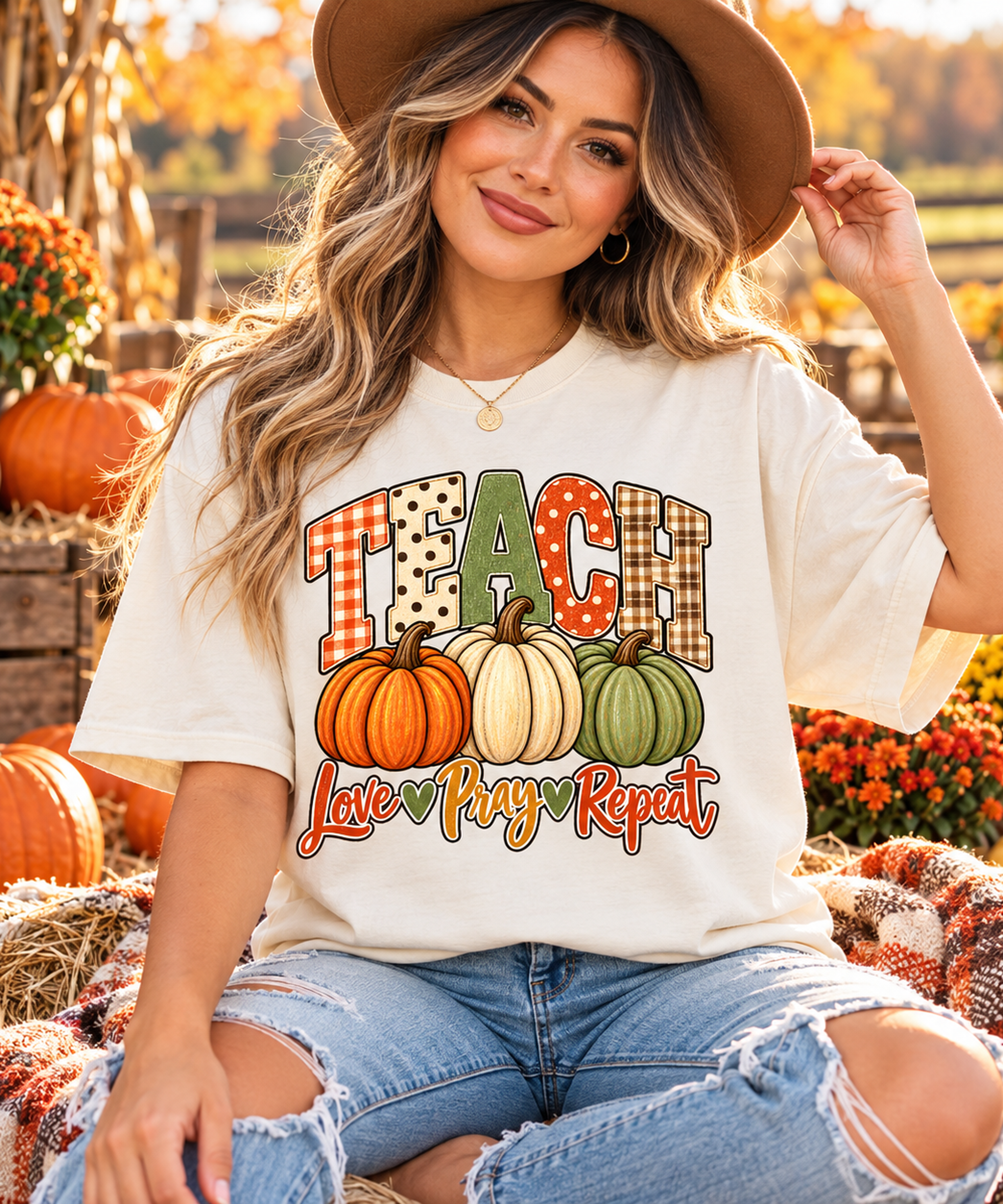 Teacher Fall Pumpkin T‑Shirt — "Teach, Love, Pray, Repeat" Autumn Tee - Saldersoncloutier