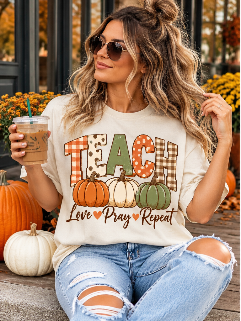 Teacher Fall Pumpkin T‑Shirt — "Teach, Love, Pray, Repeat" Autumn Tee - Saldersoncloutier