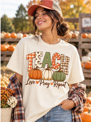Teacher Fall Pumpkin T‑Shirt — "Teach, Love, Pray, Repeat" Autumn Tee - Saldersoncloutier