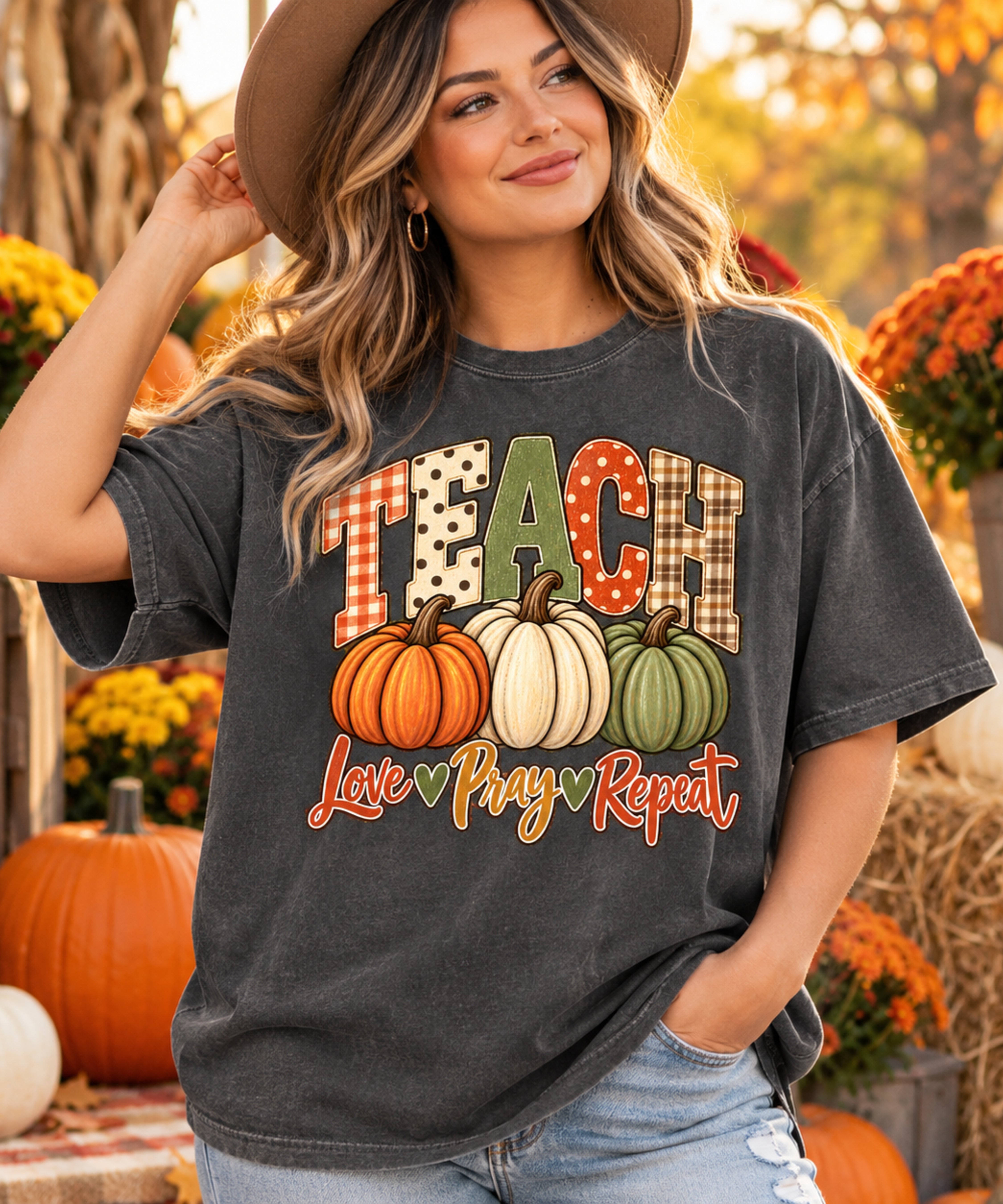 Teacher Fall Pumpkin T‑Shirt — "Teach, Love, Pray, Repeat" Autumn Tee - Saldersoncloutier